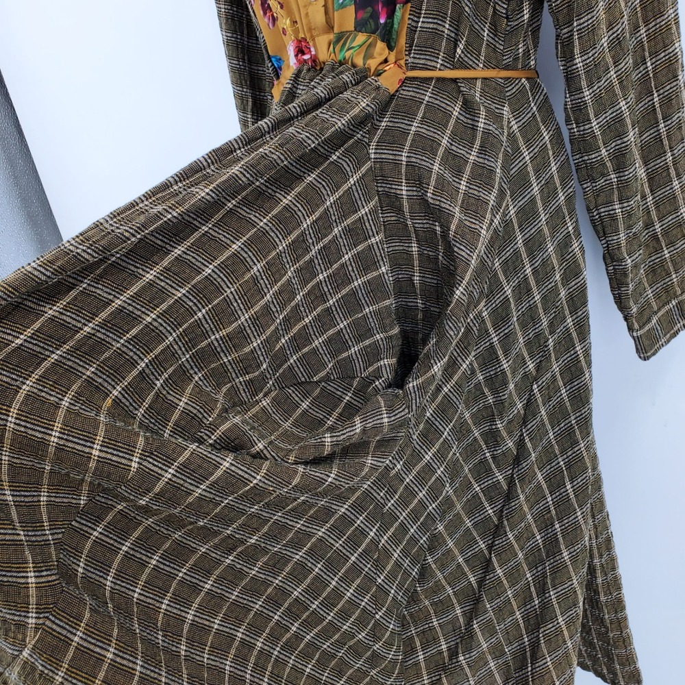 Alembika Floral Plaid Mixed Media Midi Dress Brown 4 Lagenlook Artsy Cottagecore - Picture 8 of 13